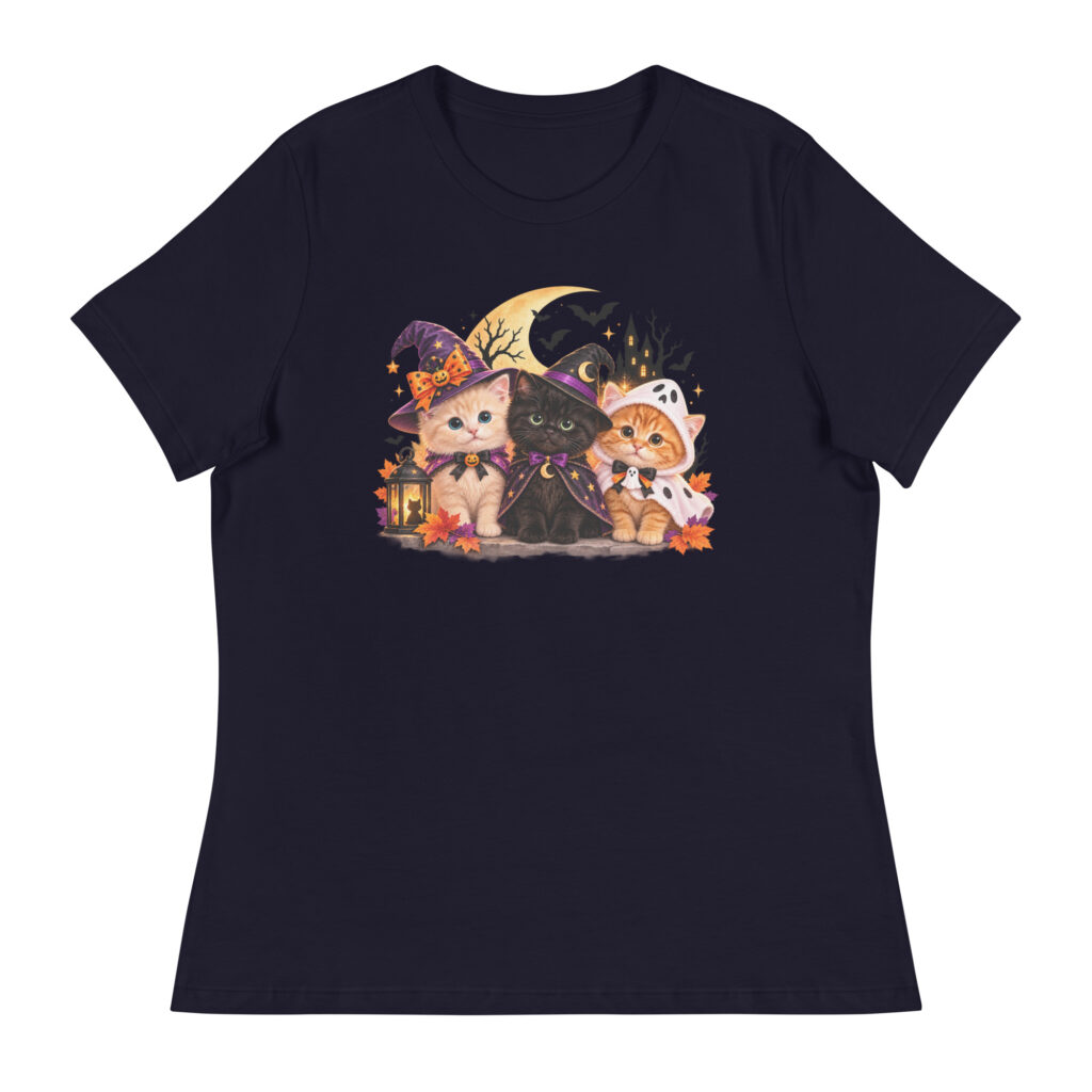 Spooky Paws & Pumpkin Claws Halloween Cat T-Shirt Women Relaxed T-Shirt